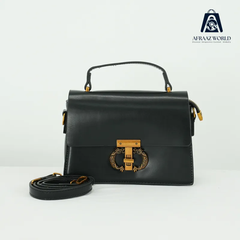 Elegant Black Leather Handbag for Women | Gold Ring Lock Premium Top Handle Bag by Afraaz World
