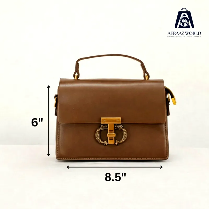 Elegant Black Leather Handbag for Women | Gold Ring Lock Premium Top Handle Bag by Afraaz World